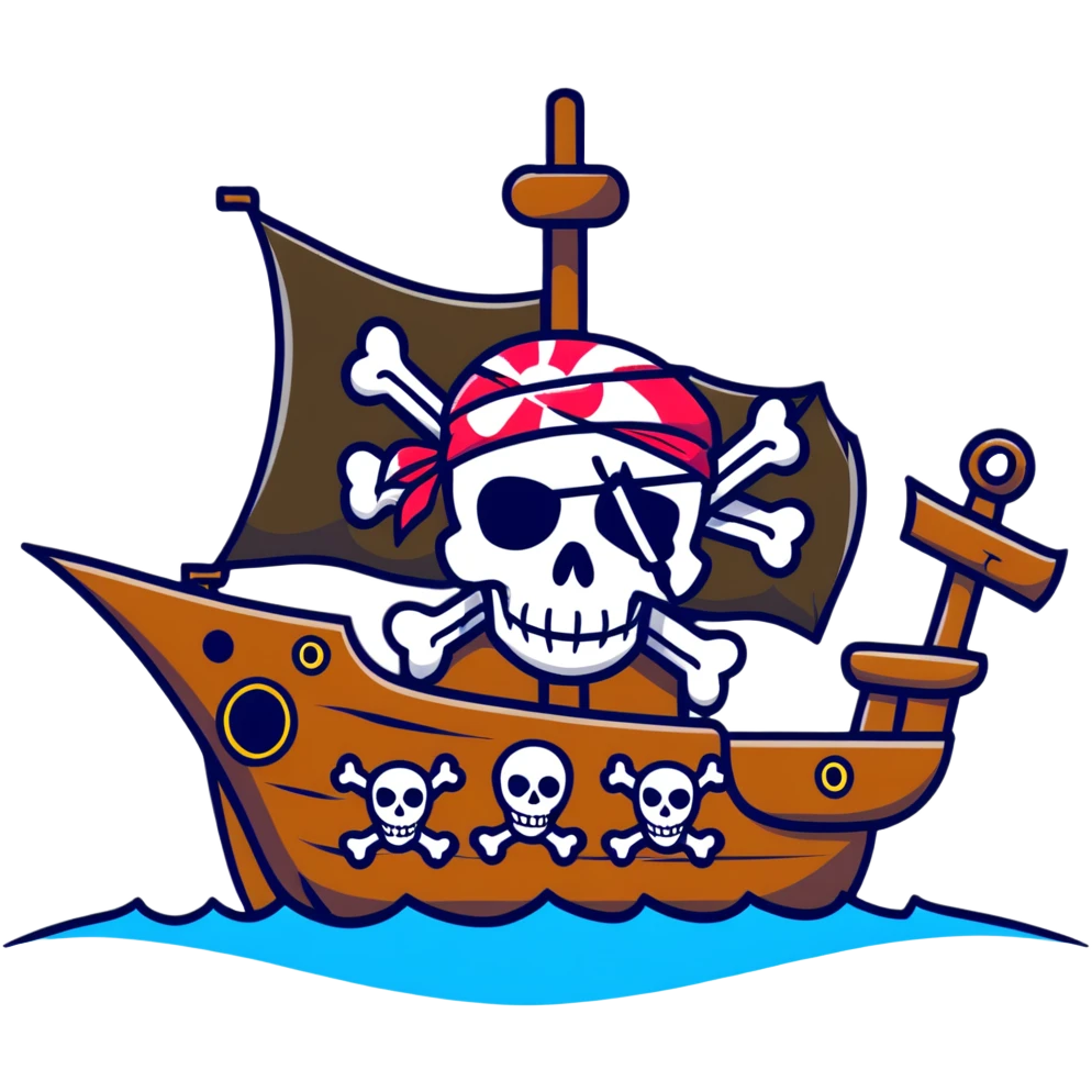 A pirate ship sailing on the open sea, with a skull and crossbones flag flying high, and pirates wearing bandanas and eye patches emoji