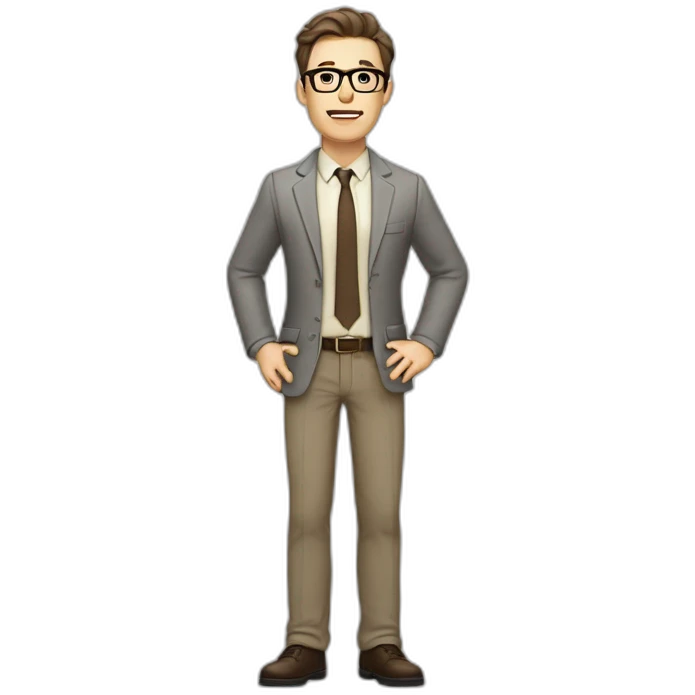 Full height Gesticulating Pale skinned fit man with dark brown hair in gray jacket, beige office shirt, brown tie, brown pants and vintage glasses. emoji