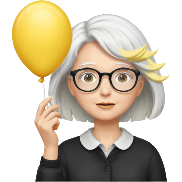 woman with wind white hair and wearing glasses, holding yellow balloon emoji