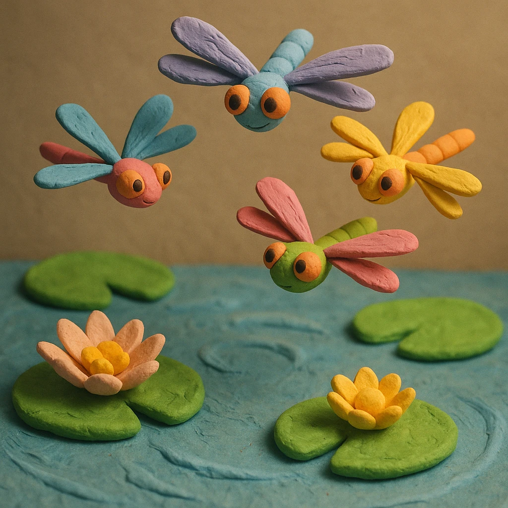 claymation style dragonfly family flying in a circle above water lilies, colorful and whimsical, soft lighting emoji