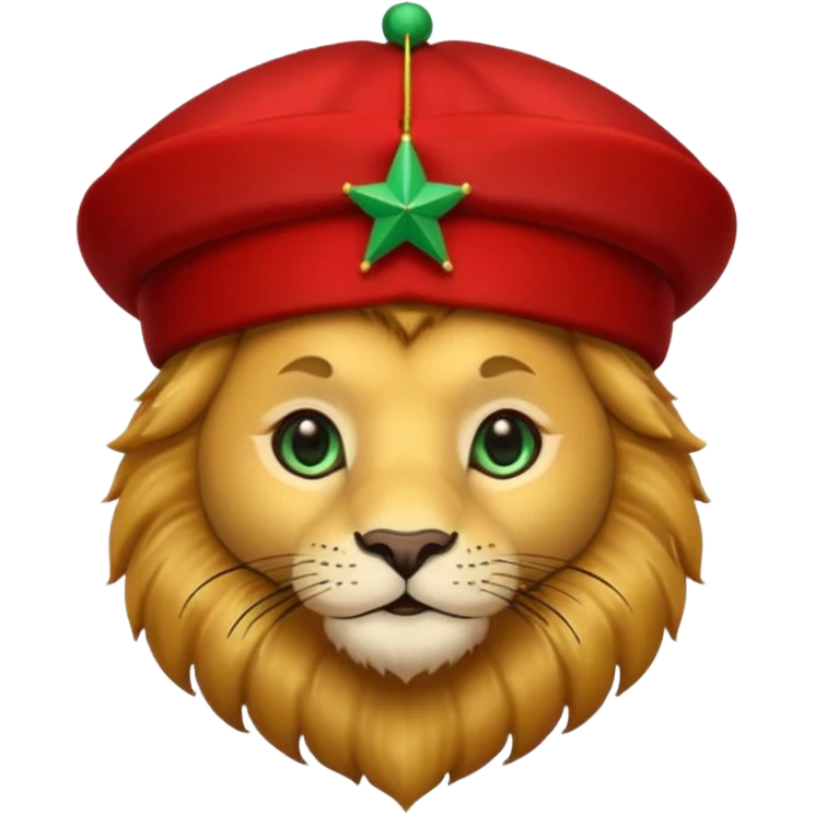 Cute lion face emoji with golden fur, big round eyes, and a friendly expression. Wearing a red Moroccan fez hat with a green star on the front and a small black tassel on the side emoji