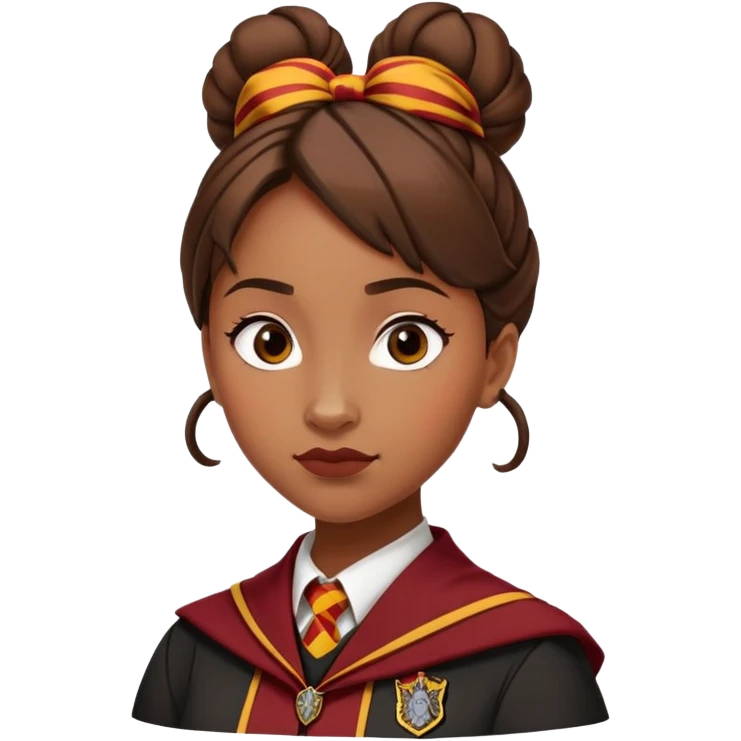 Angelina Johnson in harry potter, wear hogwarts gryfindor uniform,  thick, brown knot bun hair , reflecting her bold, stylish, and strong personality emoji