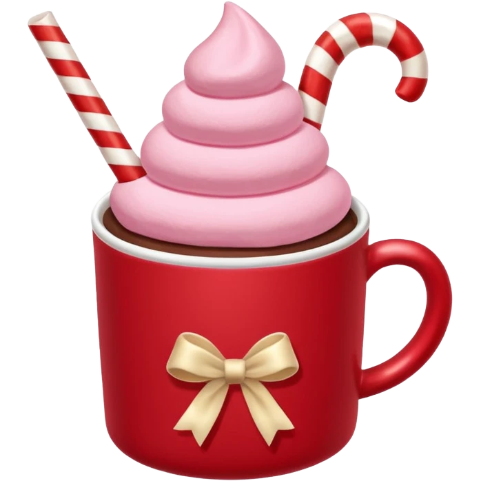 hot chocolete with pastel pink marshmallows in red christmas mug and candy cane emoji