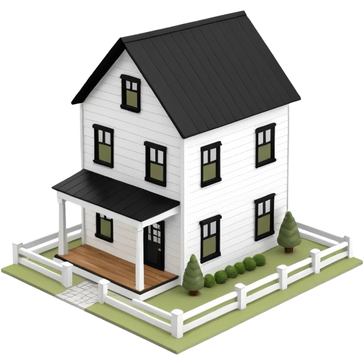 modern farmhouse dollhouse, white with black trim and wooden accents, 3d isometric  emoji