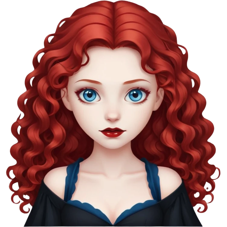 vampire girl with long curly red hair and blue eyes, in a black emoji