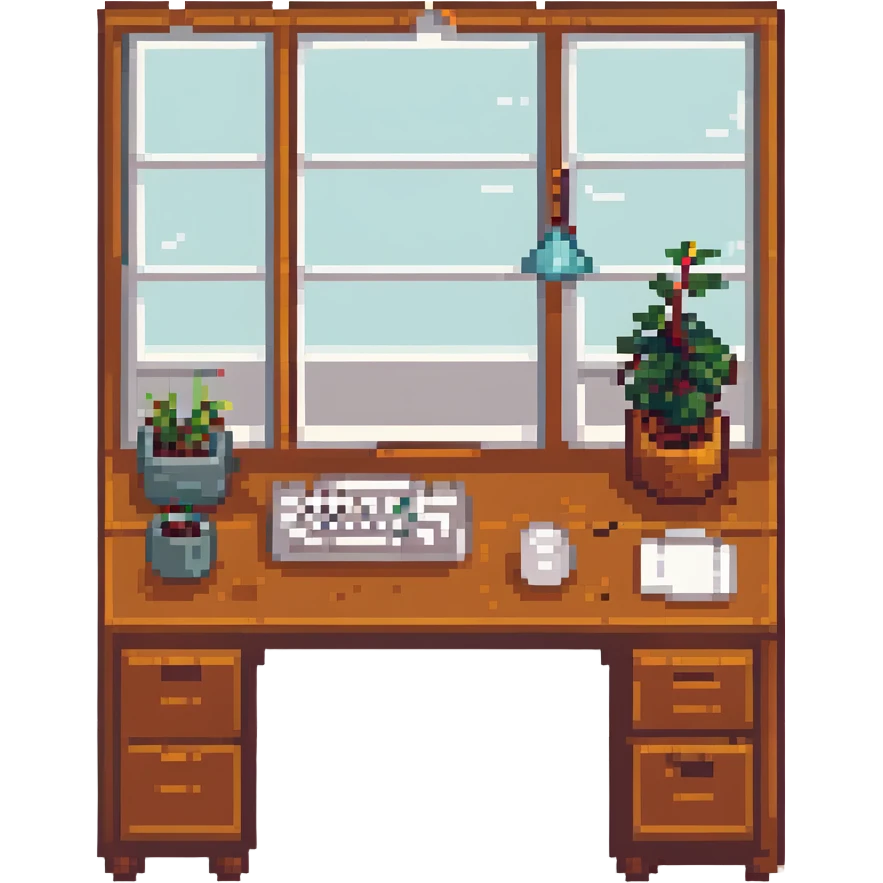 A desk by the window with summer sunshine in the background. On the desk, there is a laptop, a cup of iced coffee, and a small plant. An opened book is also present. emoji
