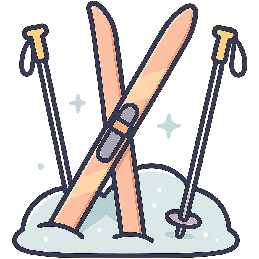 cross-country skis and poles on the sides, stuck at an angle into a snowdrift, with subtle snow sparkle effects, detailed shading, thin clean outlines, soft rounded features, pastel palette #98B5BC #B5B3C1 #C9A3C9 #E4C0CA #F7DCD1 #F7C0AA, Japanese pop art, sticker look, highly detailed, vector clarity, soft lighting, subtle shadows, transparent background emoji