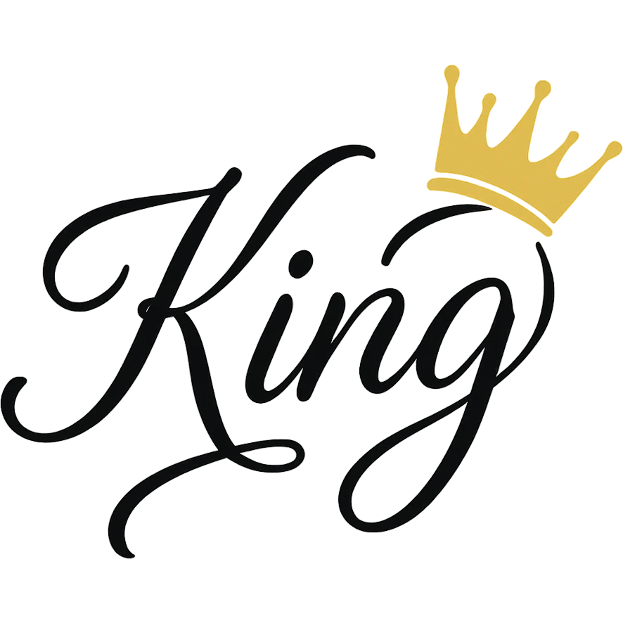 KING in Brittani font, highly cursive and ornate, stylish script, with a tilted gold crown on the G, no background emoji