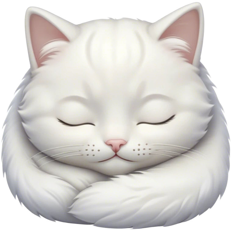 Meme-Worthy Cute Sleeping White Cat Portrait Emoji, Head peacefully tilted with a tender, contented smile and eyes gently closed in serene slumber, featuring a pristine white fur with subtle, delicate silver accents, simplified yet irresistibly adorable, highly detailed, glowing with a soft, drowsy radiance, high shine, exuding calm, heartwarming charm, styled with a gentle, soft glowing outline, capturing the essence of a sleeping white cat that seems destined to become the next viral icon of adorable repose! emoji