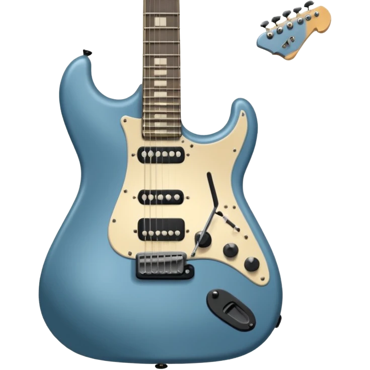 A gray-blue electric guitar with a black pick guard and only one volume knob, make the head tan emoji