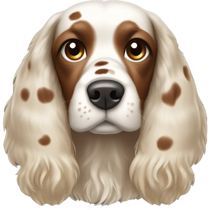 Cocker spaniel with a brown and white spots and hairs poking out on top of head  emoji
