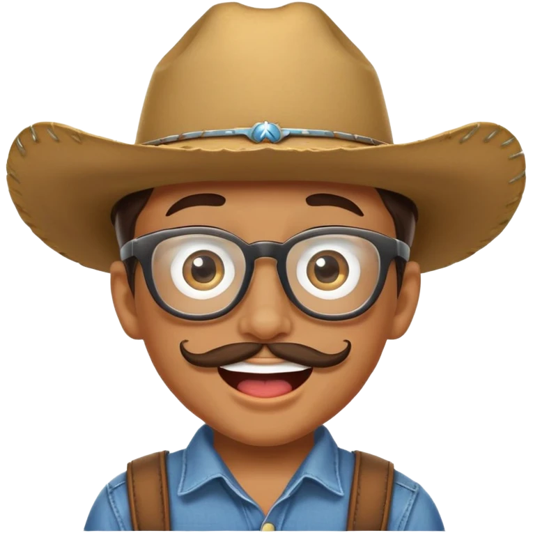 A boy with glasses who squints his eyes and smiles with his mouth open. He uses a cowboy mask.: She adds a cowboy mustache and a cowboy hat. emoji