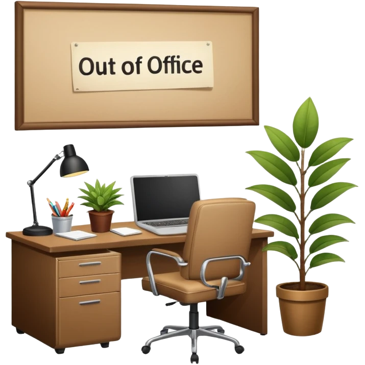 imagen de oficina con escritorio, silla, notebook, agenda y una plata con un cartel que diga FUERA DE OFICINA emoji