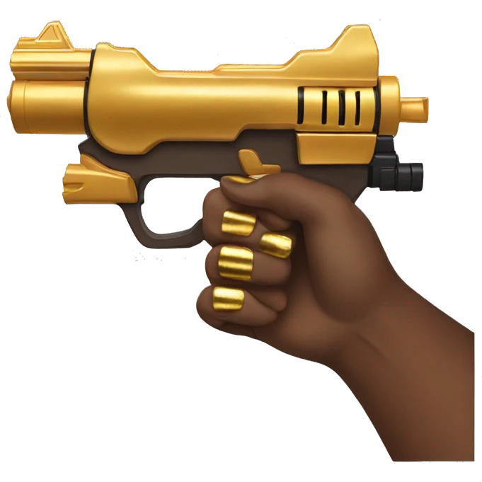 brown hand with gold nails holding large scary gold nerf gun emoji