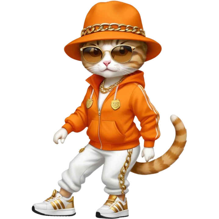female cat wearing Run DMC hip-hop outfit with tracksuit, fedora, Adidas sneakers, dark sunglasses, many gold chains, upright pose emoji