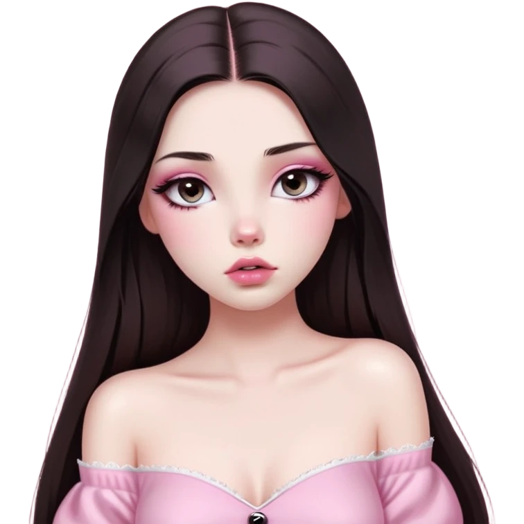 girl with white skin, dark brown long straight hair with middle part falling in front of her body, very big pouty extra shiny lips with absolutely no cupid's bow, big round shiny eyes with black eyeballs and huge eyelashes, no eyeshadow, pink blush on cheeks, lighter button nose, very long oval-shaped face, wearing a pink off-shoulder top, looking directly at camera with hands down at sides emoji