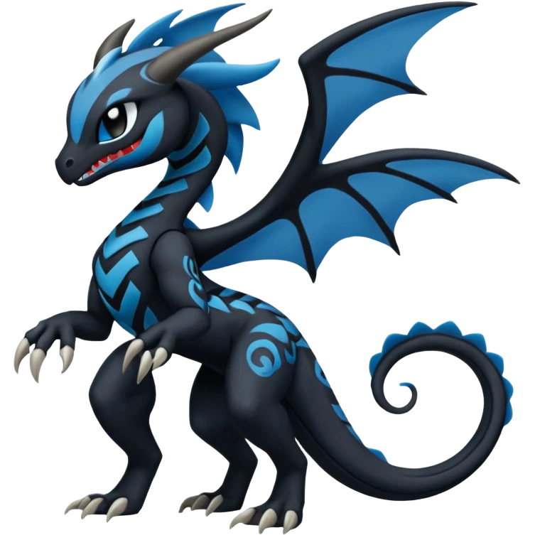Black and Blue Meloetta-Venom-Stitch-Zekrom-Salandit-fusion, full body, tribal markings  emoji