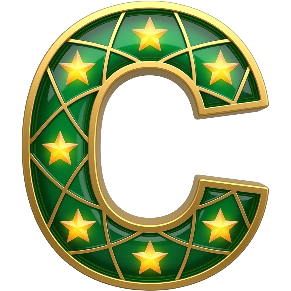 An uppercase letter 'C' designed with geometric Islamic patterns and 5-stars-shaped cutouts. Made from rich emerald-green glass with brushed gold edges. Backlit with a warm amber glow, 8k resolution, clean minimalist design emoji