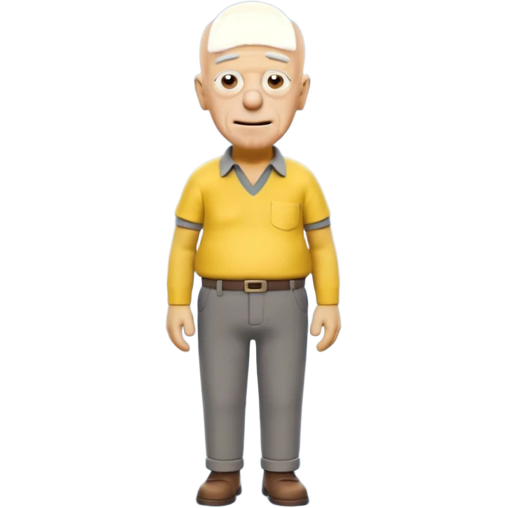 A 3D cartoon elderly man entirely yellow, styled like Grandpa Simpson, bald head with few hair strands, wrinkled face, yellow shirt and trousers, kind smile, cinematic Memoji-style render matching other Simpsons characters. emoji