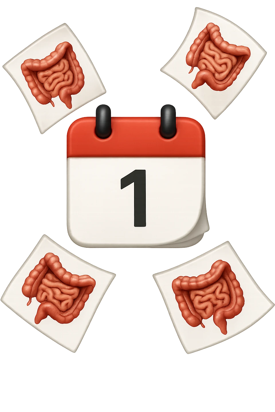 emoji stile iphone di un calendario con fogli che volano insieme, sui fogli ci sono disegnati degli intestini anatomici, iperrealistico 4k, isolato su sfondo bianco emoji
