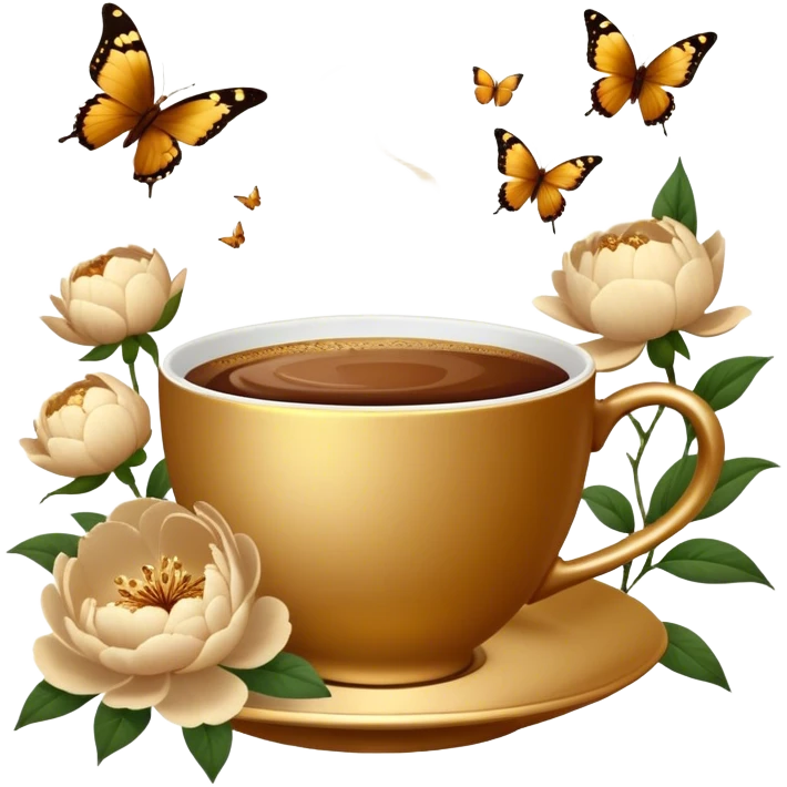 A golden coffee cup rests among lush beige peonies, as cinnamon-hued butterflies dance in the air. The setting glows with a nostalgic, antique charm. emoji