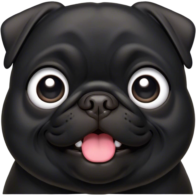 Cinematic Comical Black Pug Portrait Emoji, Head tilted dramatically with an exaggeratedly amused expression, featuring a sleek black coat with a glossy finish, wide, expressive dark eyes filled with playful disbelief, Simplified yet hilariously expressive features, highly detailed, glowing with a slightly sassy glow, high shine, dramatic yet playful, stylized with an air of cheeky mischief, bright and endearing, soft glowing outline, capturing the essence of a spirited and over-the-top companion, so meme-worthy it feels like it could side-eye its way into internet fame instantly! emoji