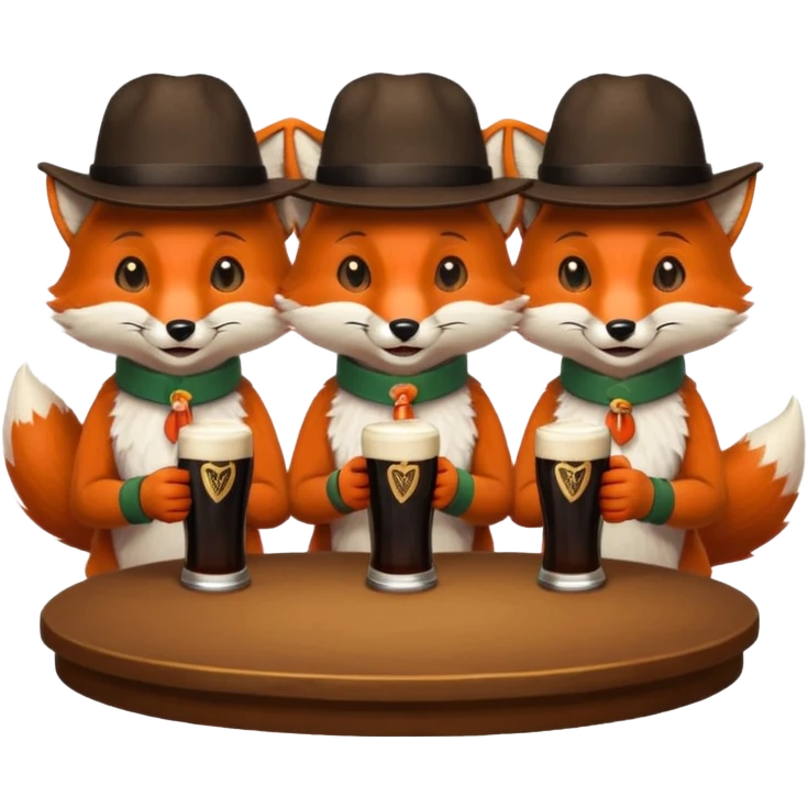 Three foxes sitting at a round table drinking Guinness emoji