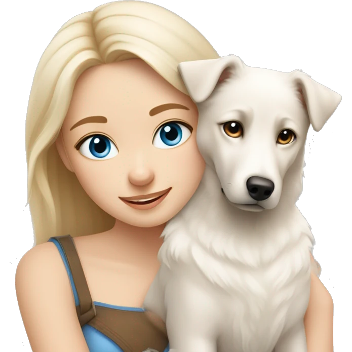 Blond girl with blue eyes cuddles a white Sheppard dog with brown eyes  emoji