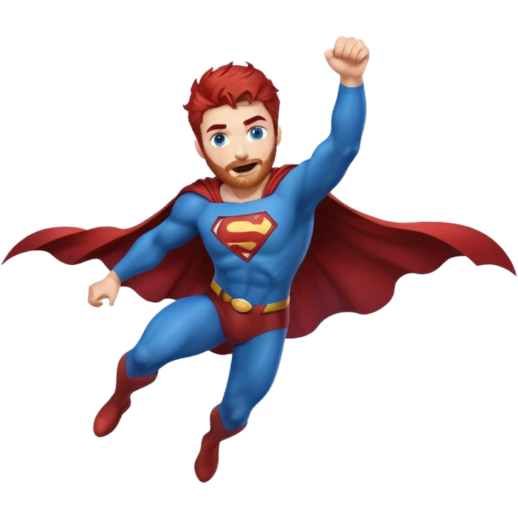 flying superman，full body, blue eyes, red darkish messy hair, trimmed facial hair emoji