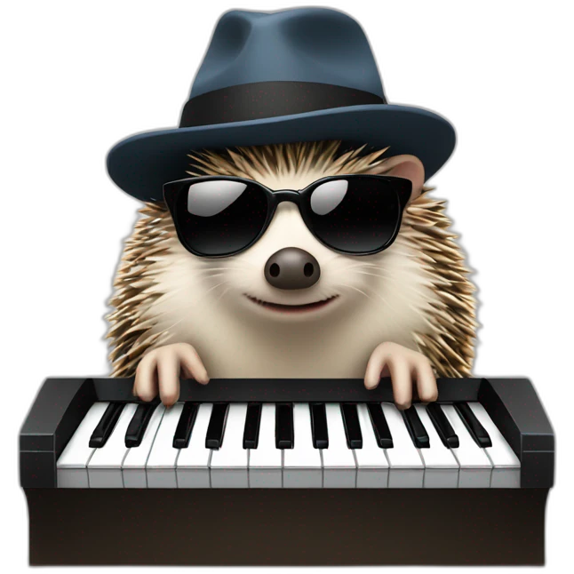 Hedgehog wearing a fedora and black sunglasses, playing piano emoji