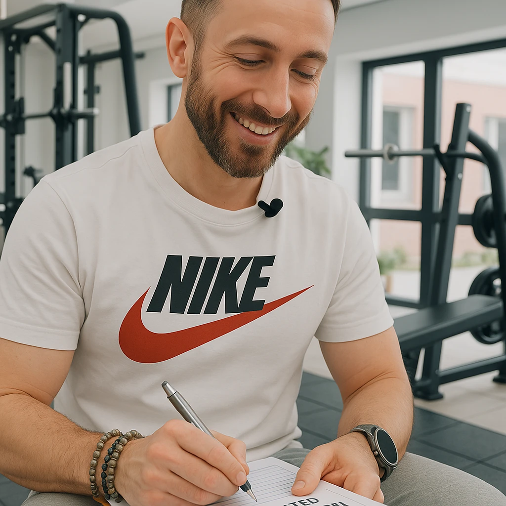 Personal trainer in a gym, inspired by the person in the reference photo, filling out a personalized workout plan on a notepad, in a welcoming environment. emoji