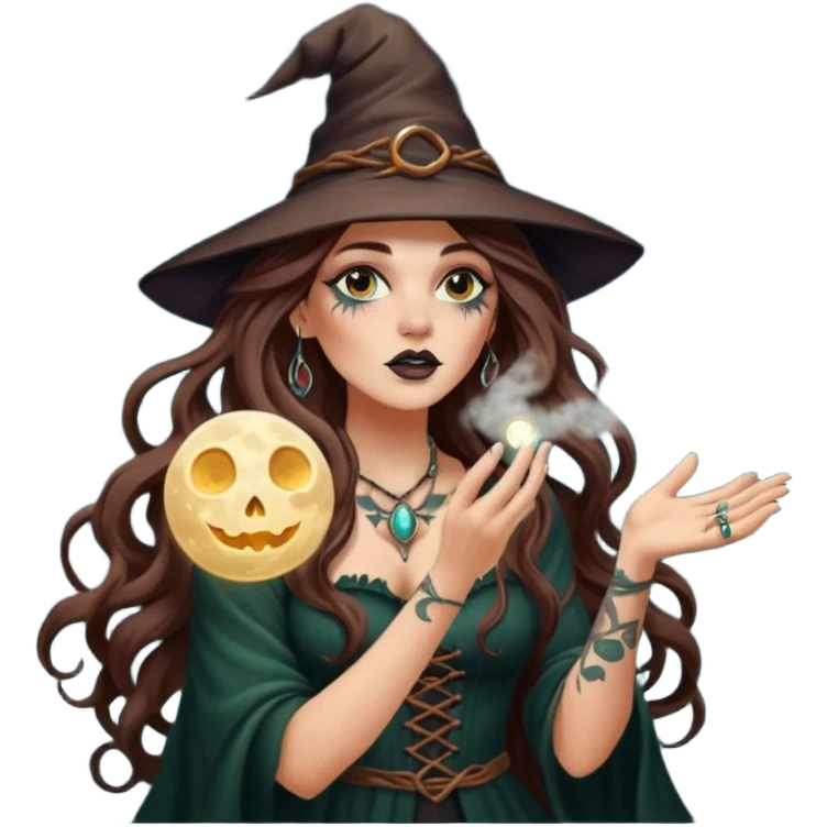 forest witch woman long wavy brown hair tattoos blowing moon dust emoji