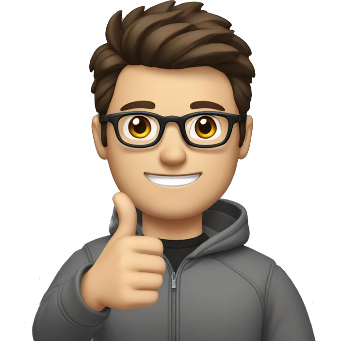 a man with short brown hair, quiff, beard and black round glasses, dark brown eyes, wearing a gray sweatshirt and a professional camera, giving a thumbs up emoji
