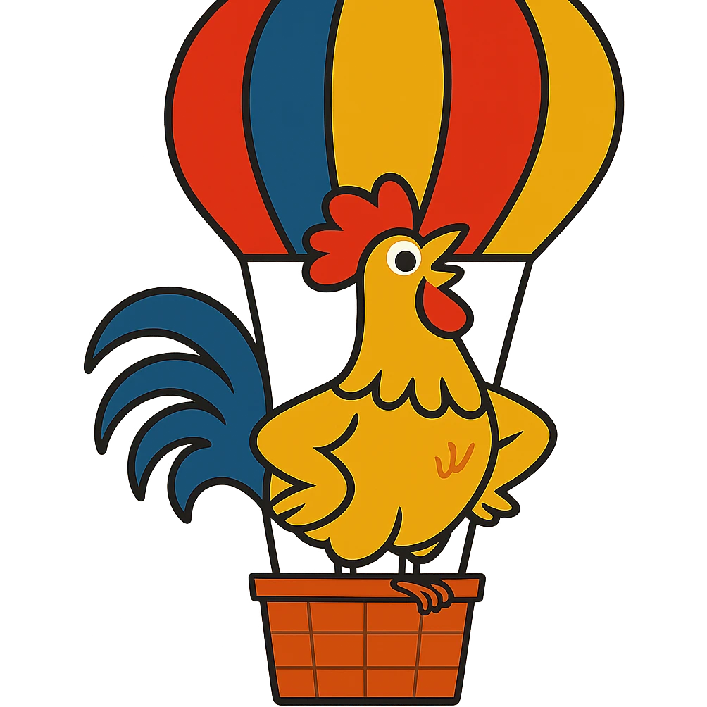 Remove the background, keep only the rooster in the hot air balloon, vibrant toon style, with no background. emoji