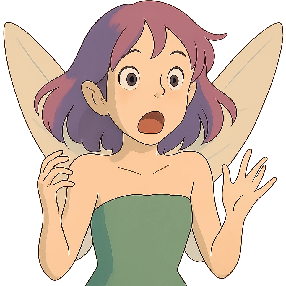 ghibli style white girl with purple and pink hair, shocked fairy expression emoji