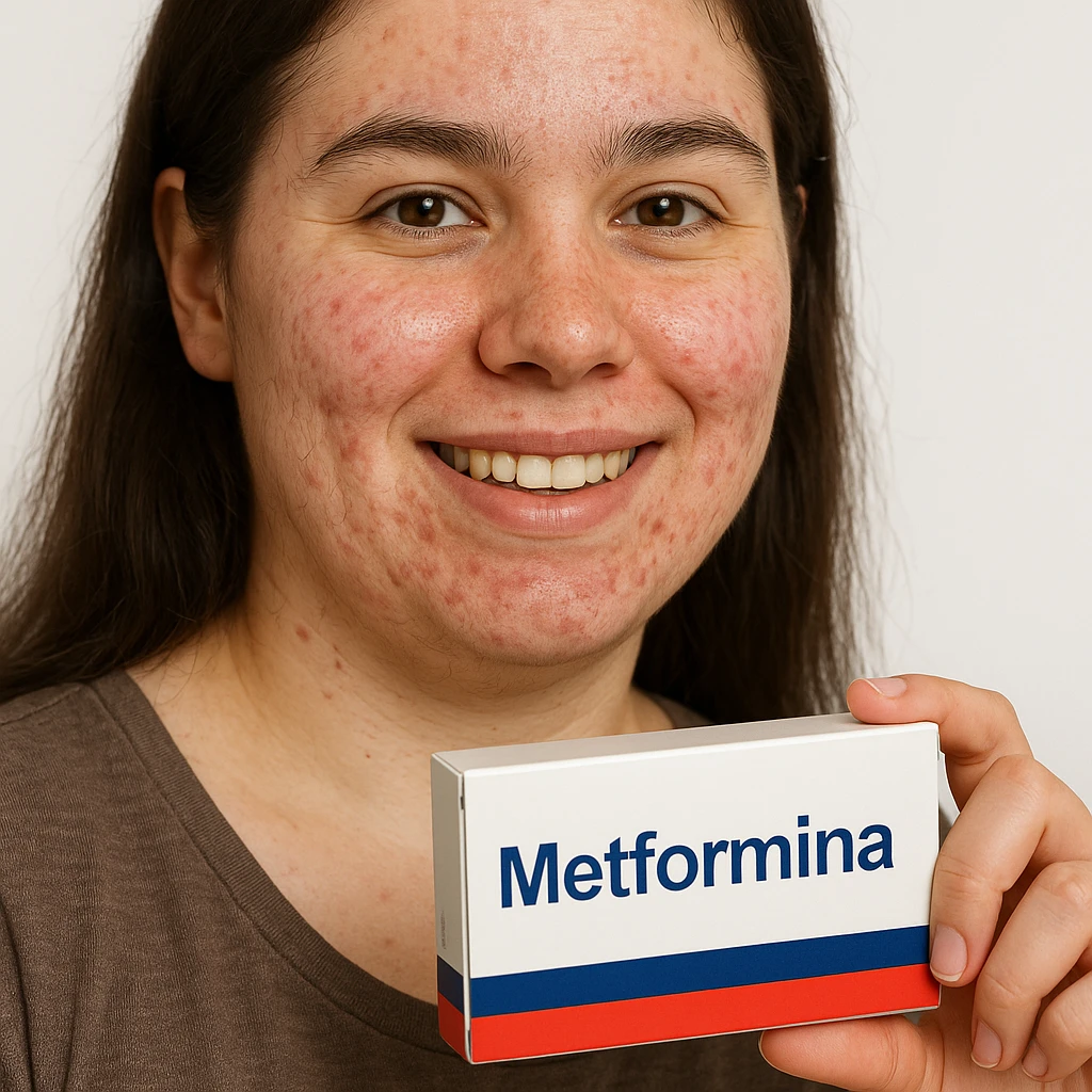 Hyperrealistic 4K vertical 9:16 image of a woman with PCOS or insulin resistance, face with acne and fine hair, holding a box of Metformin with the word 'Metformina' clearly visible and readable, positive expression, white isolated background. emoji