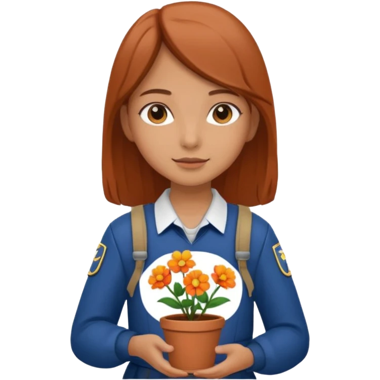 young girl wearing packpack, wearing uniform, holding a flower pot emoji