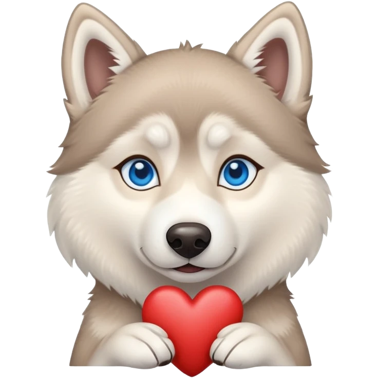 Beige husky with blue eyes holding a brown heart emoji