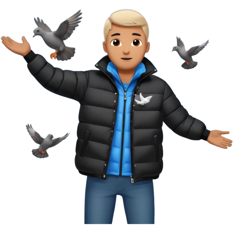 puffer shiny black jacket man open arms looking at a flying pigeon emoji