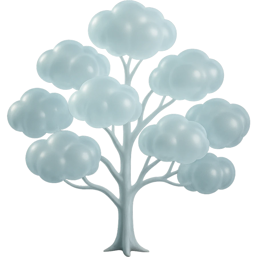 one tree with many branches and a white trunk, crown made of small very bright white fluffy convex clouds, matte glass style emoji
