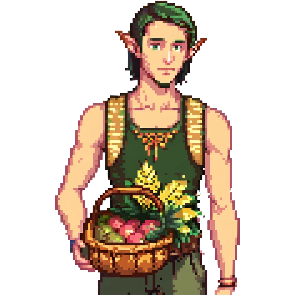 elf male Sleeveless vest with palm-leaf print, basket of exotic fruits (mango/lychee), sunburned nose. emoji