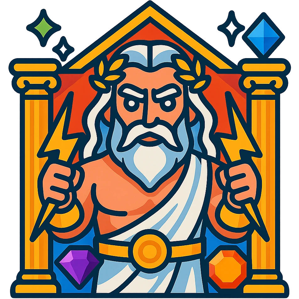 Gates of Olympus slot emoji with Zeus holding lightning bolts, golden columns, and sparkling gems emoji