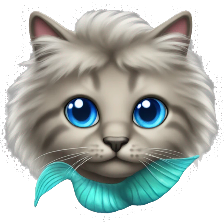 Fluffy Cat with a mermaid tail and blue eyes emoji