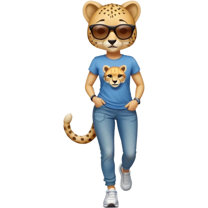 friendly anthropomorphised female cheetah in jeans and t-shirt, wearing dark sunglasses, jogging upright in relaxed pose emoji