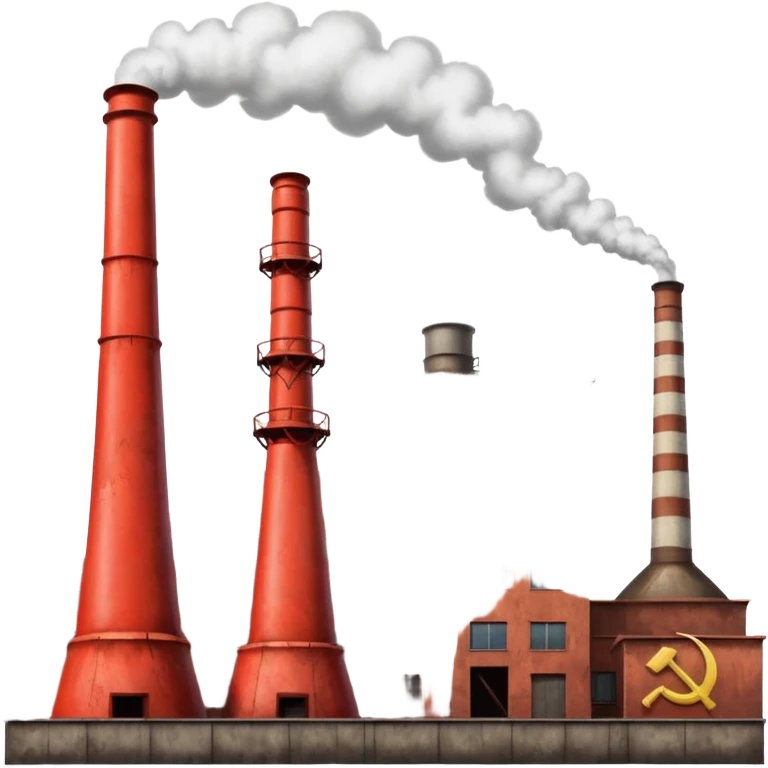 Soviet heavy equipment plant, factory exterior, hammer and sickle, smokestacks emoji