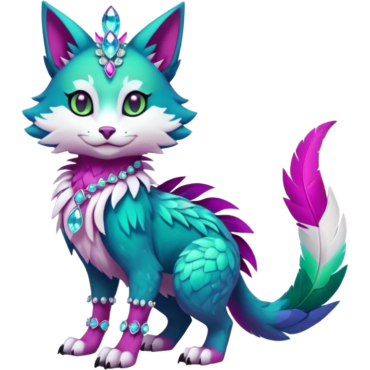 Kawaii cute colorful iridescent deep-dark-turquoise-green and magenta and white beautiful pretty elegant divine edgy feline-vernid-sergal-Fakémon-Pokémon-fursona-animal-creature with accessories, full body, with intricate detailed markings, feathers, crystals emoji