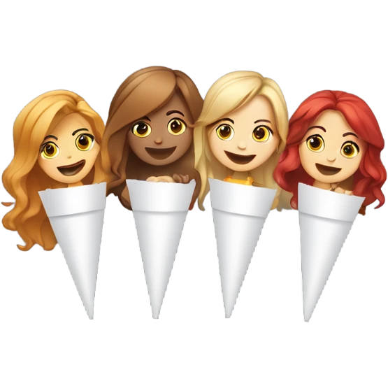Four girls one with red hair, two with light brown hair, one with blonde hair, holding a paper cone in their mouth with smoke coming out of it ￼ emoji