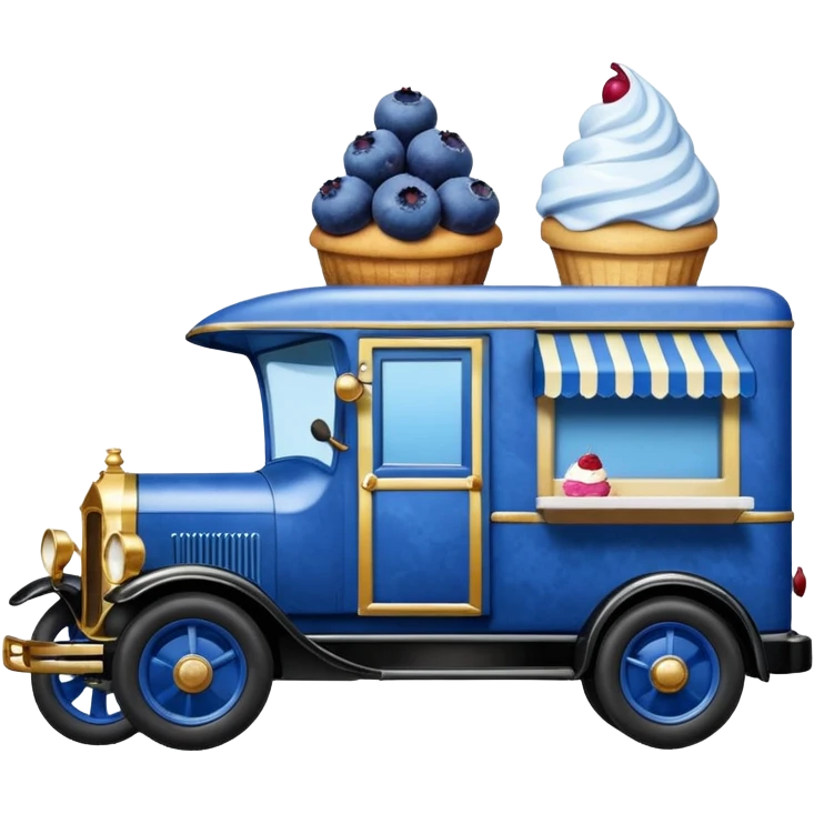 shiny-dark-blue crystal-bodied frozen blueberry muffin, pie, and ice cream, 1912 antique long-wheelbase cab over durable-looking low rider moving truck food truck  emoji