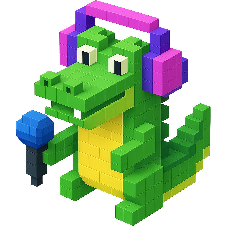 crocodile with headphones holding a microphone, isometric view, voxel style emoji