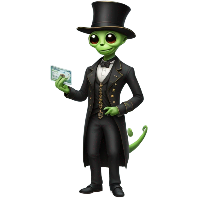 alien galora in Victorian dress elegant, full body, holding big credit card emoji